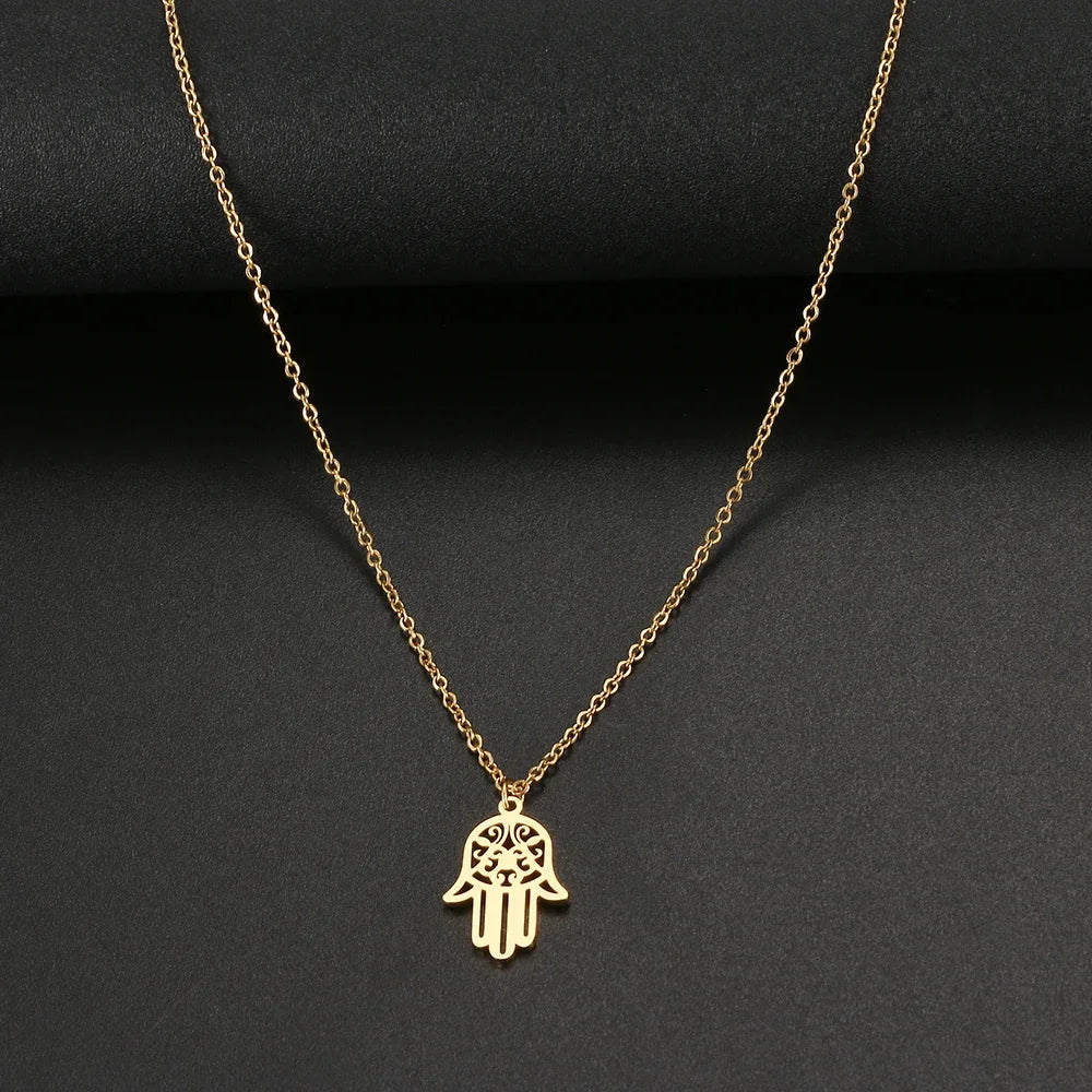 Vintage Hamsa Fatima Hand Pendant Natural Stone Evil Eye Necklace for Women Men Unisex Hollow Creative Clavicle Choker Jewelry