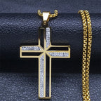 Catholic Open Cross Rhinestone Pendant Necklace — Stainless Steel
