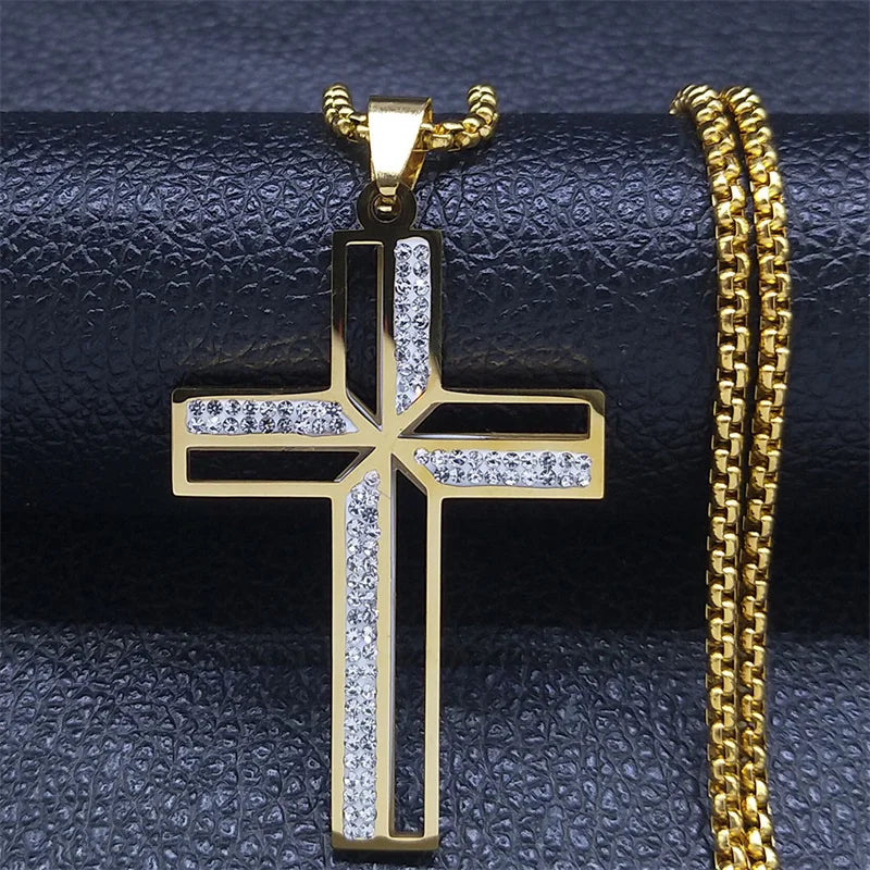 Catholic Open Cross Rhinestone Pendant Necklace — Stainless Steel
