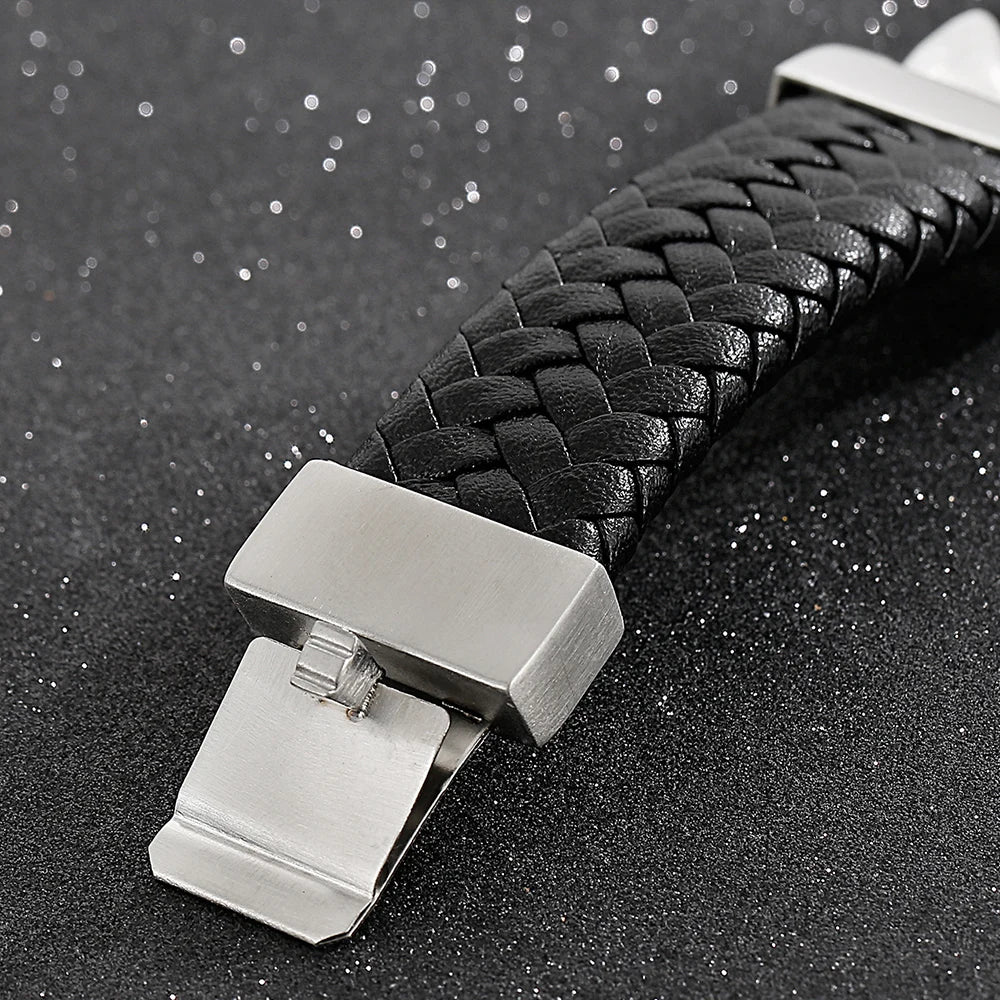 24MM Wide Cuban Chain Bracelet for Men Matte Brushed Stainless Steel With Braided Leather Men's Bracelets Bold Hip Hop
