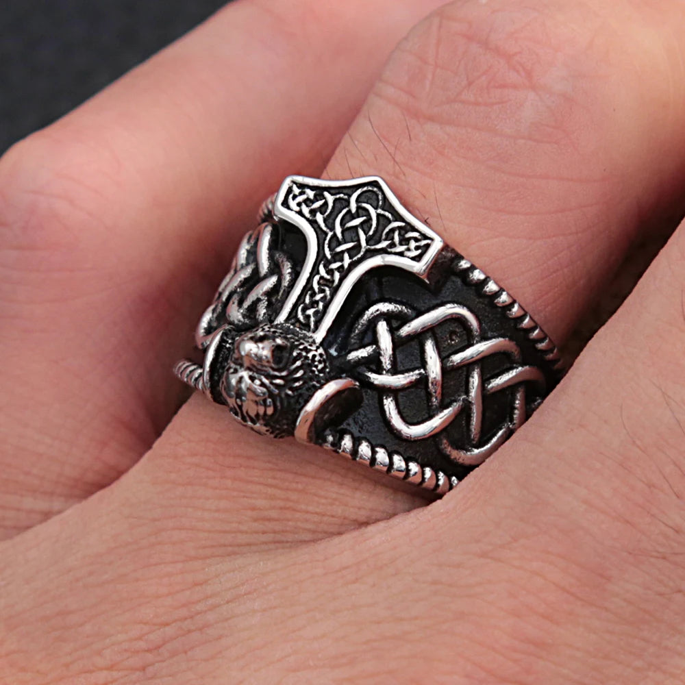 Viking Thor Hammer Bear Head Ring — Stainless Steel