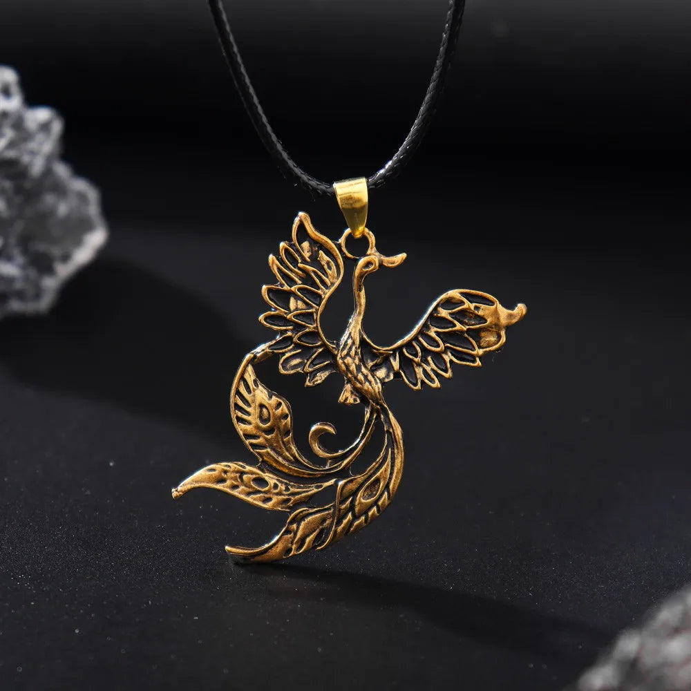 Vintage Phoenix Pendant Necklace — Black Cord, Animal Medal