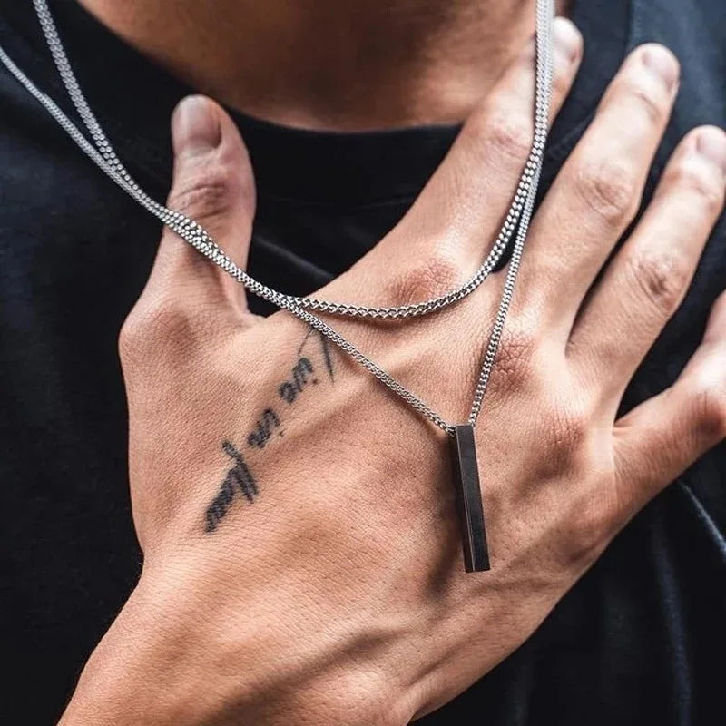 Stainless Steel 3D Bar Pendant Necklace Minimal