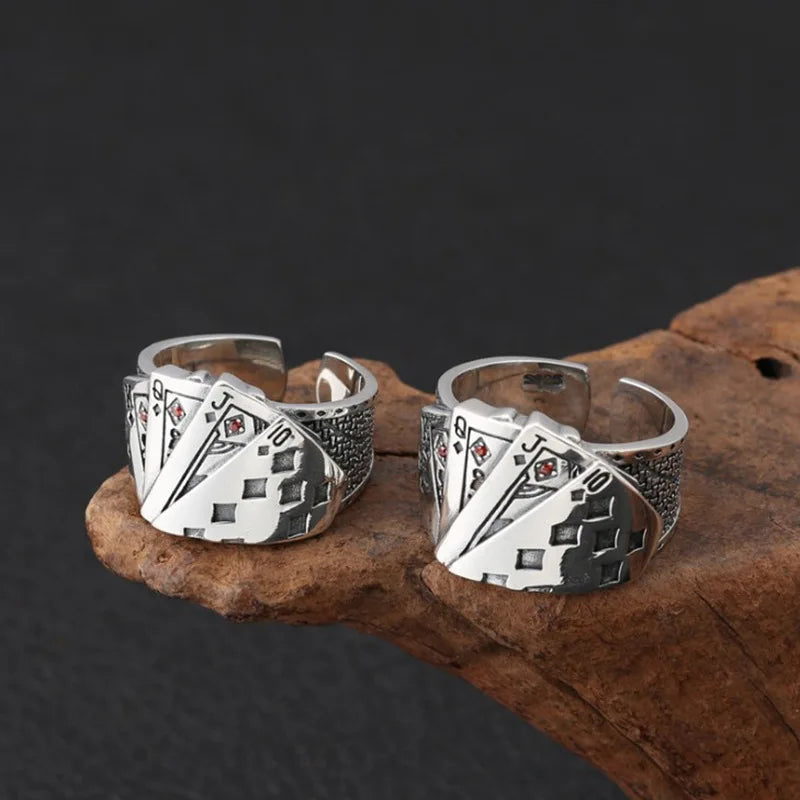 Buyee Silver Unique Ring Finger Excellent Poker Open Ring for Woman Man Fashion Punk Fine Jewelry Circle with Box