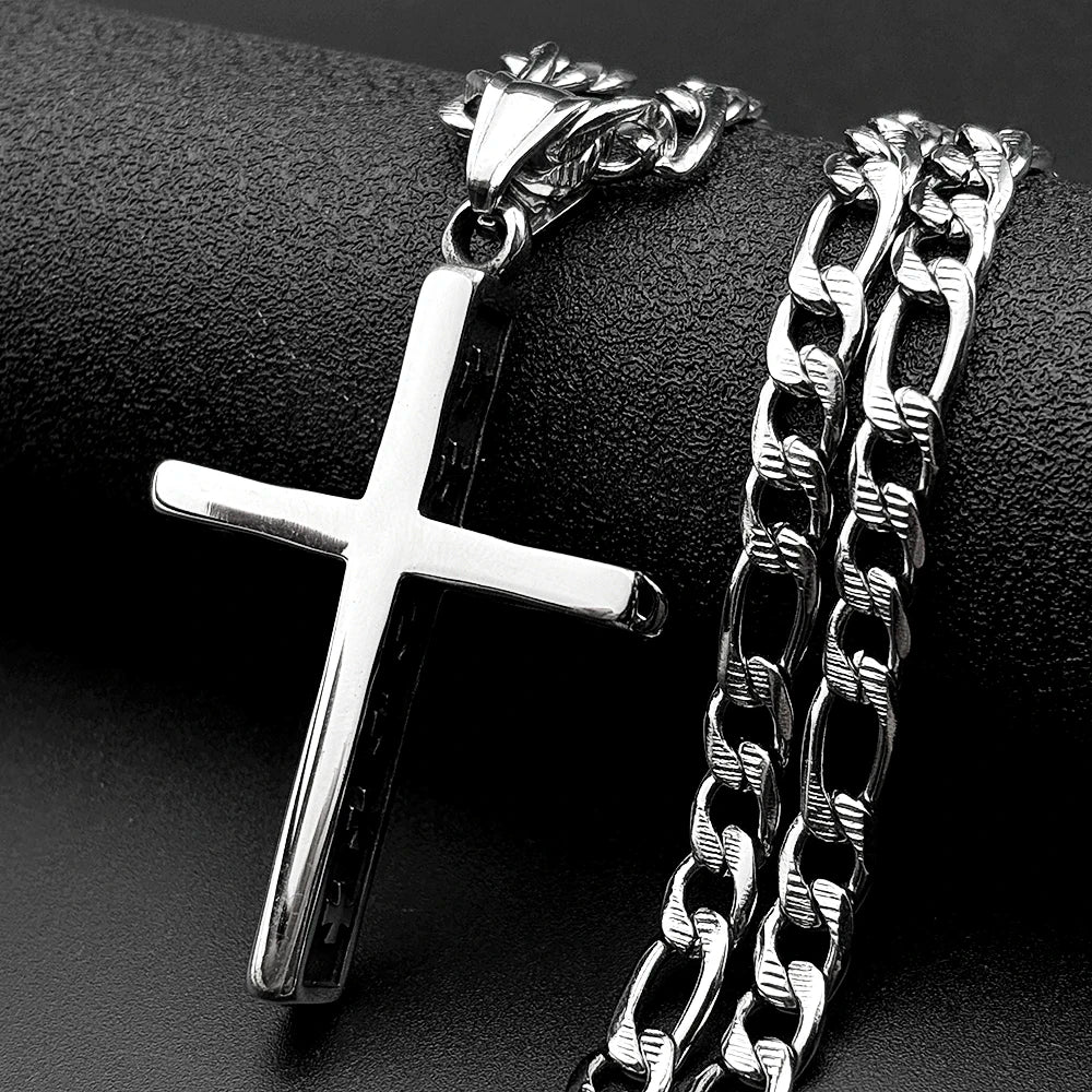 Hip Hop Vinatge Thick Cross Pendant Necklace for Men Stainless Steel Silver Color Faith Chain Necklaces Gift Jewelry