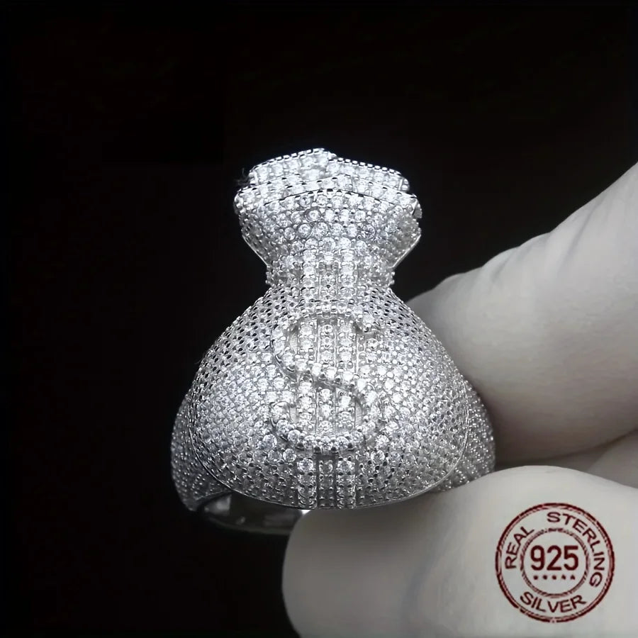 Unique Men‘s 925 Sterling Silvery Icy Out Money Bag Baguette Rings Dollar Sign Hip Hop Ring for Male Fashion Jewelry