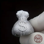 Unique Men‘s 925 Sterling Silvery Icy Out Money Bag Baguette Rings Dollar Sign Hip Hop Ring for Male Fashion Jewelry