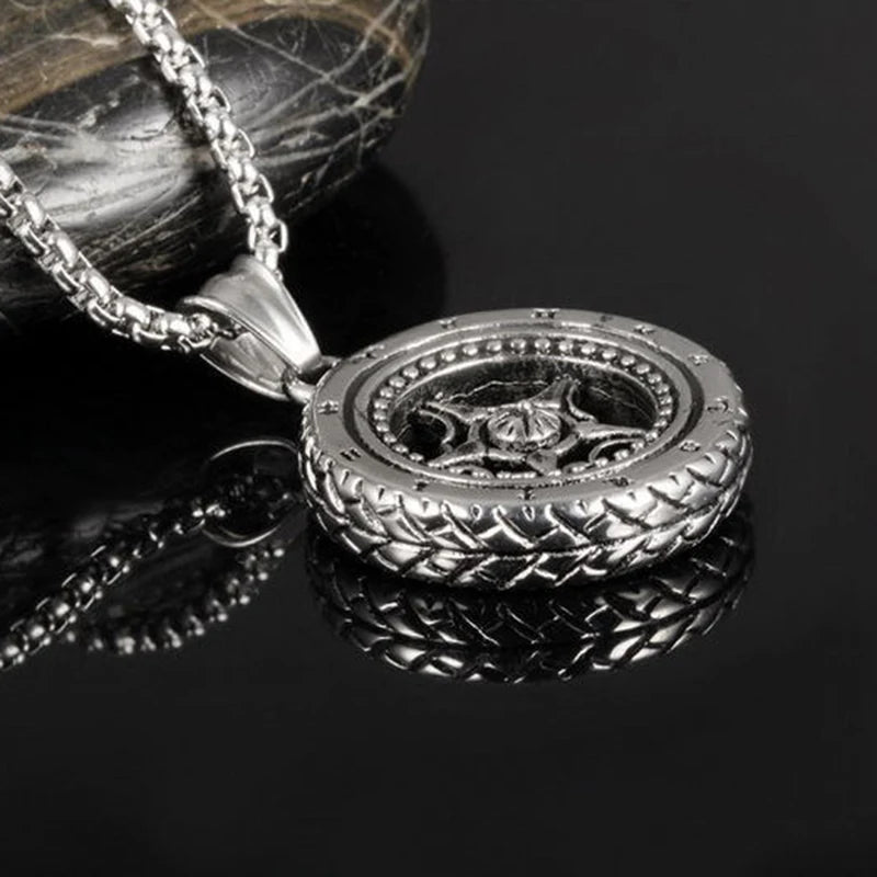 Vintage Silver Tire Pendant Necklace Stainless Steel