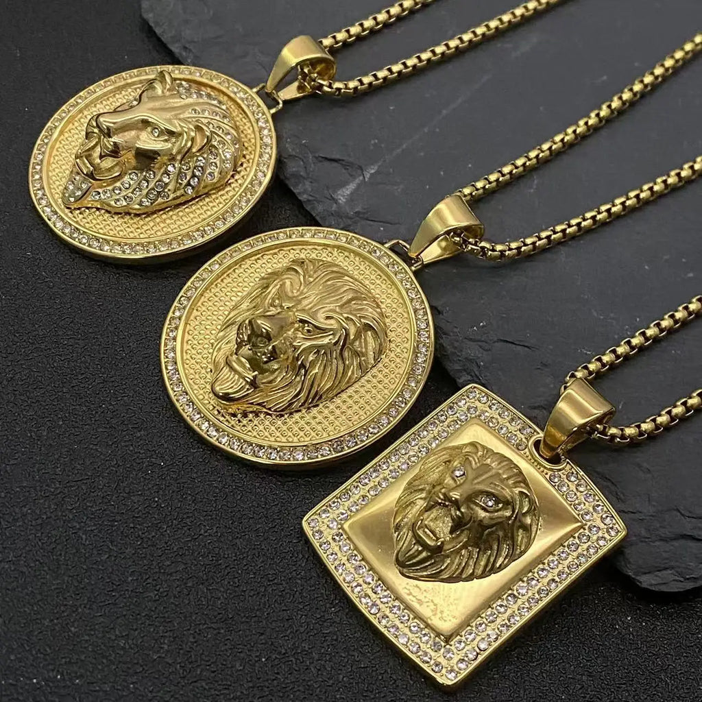 Iced Out Lion Head Pendant Necklace — Stainless Steel