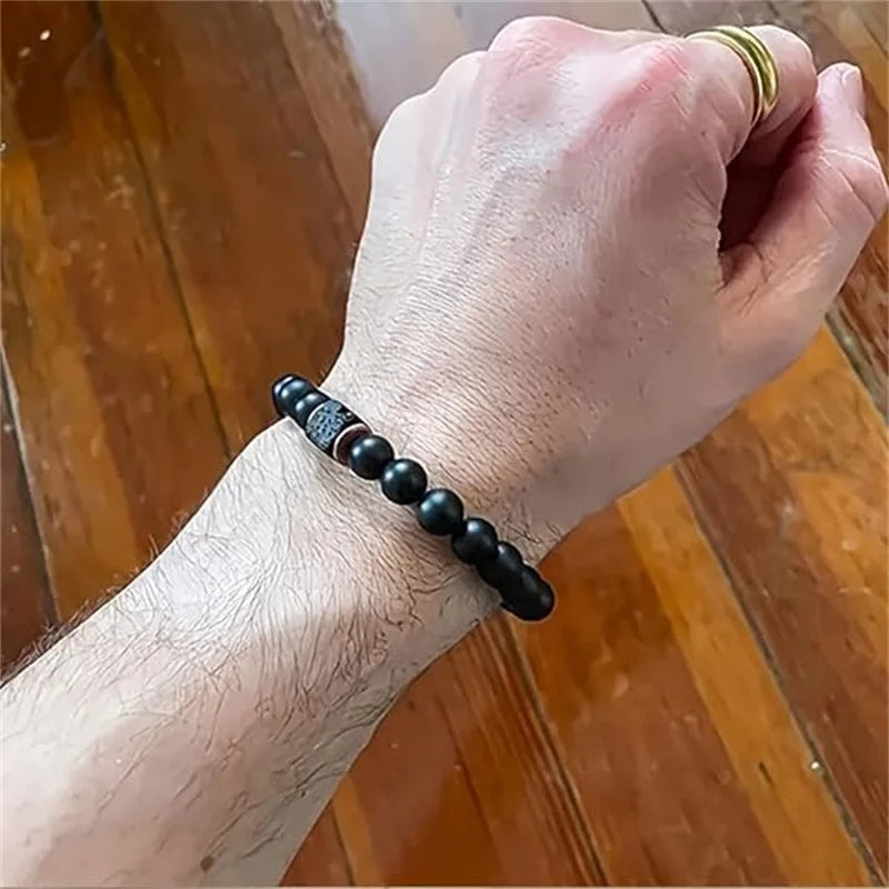 Adjustable Elastic Beaded Bracelet 8mm Round Beads — Black-Tone