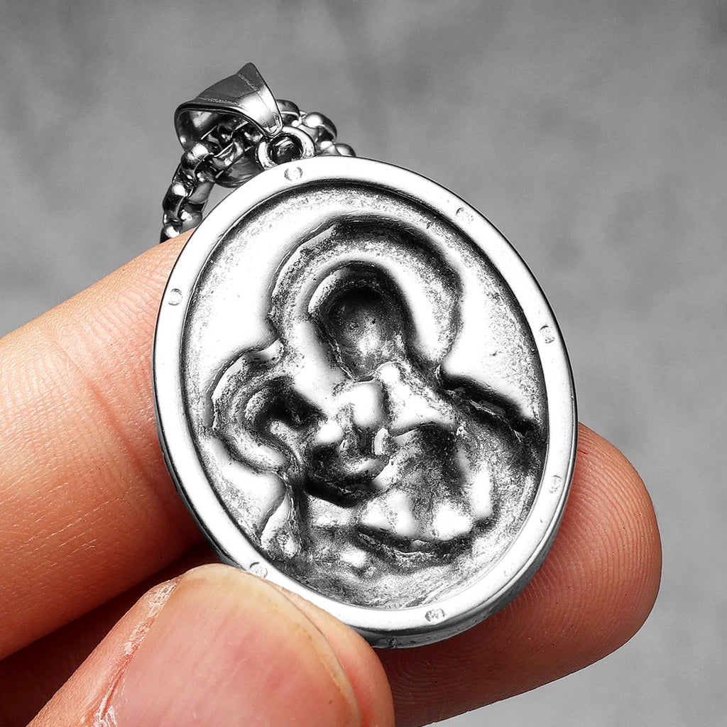 Virgin Mary Pendant Necklace Stainless Steel Vintage