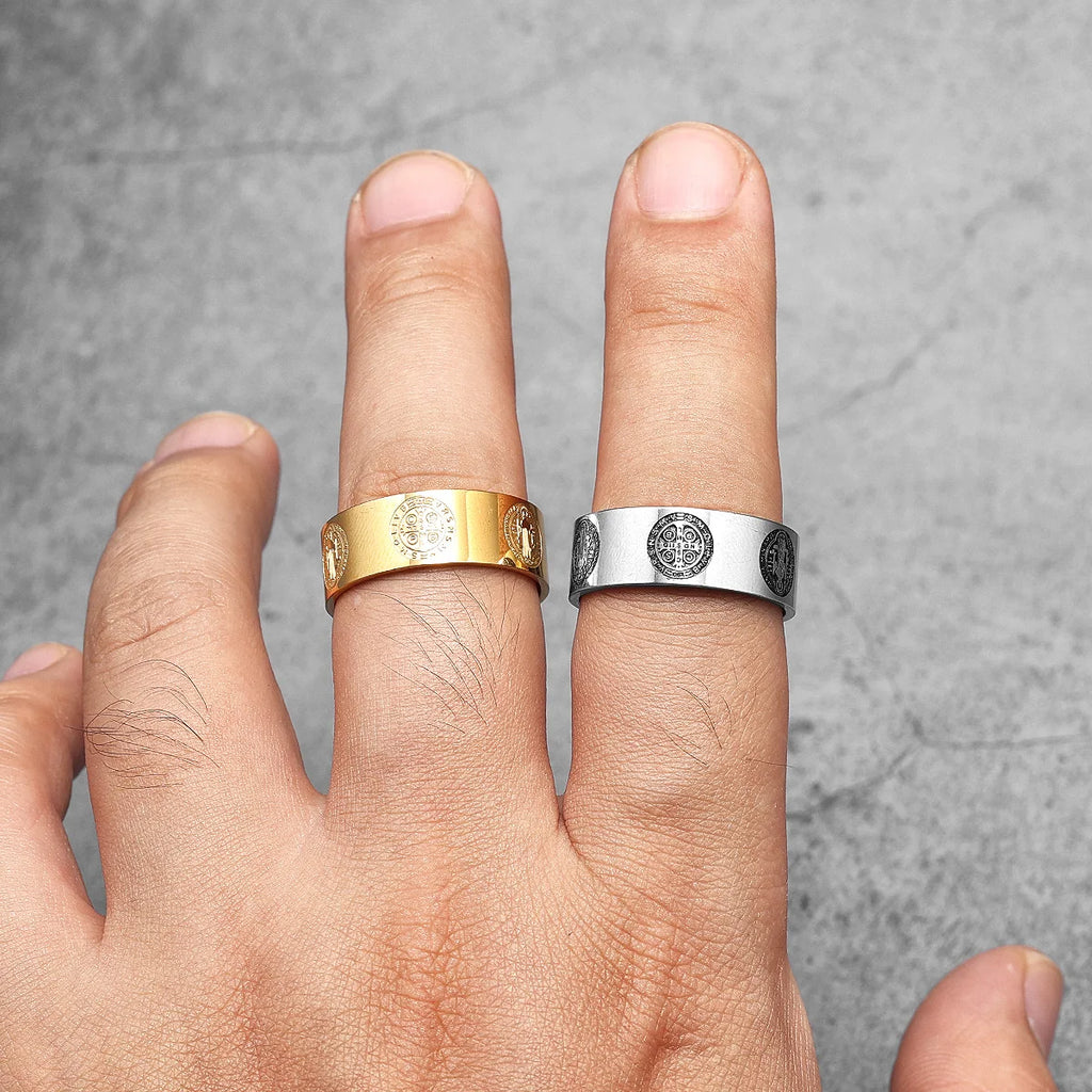 Saint Benedict Exorcism Ring Cross Amulet 316L Stainless Steel Mens Rings Rock for Male Friend Jewelry Creative Gift