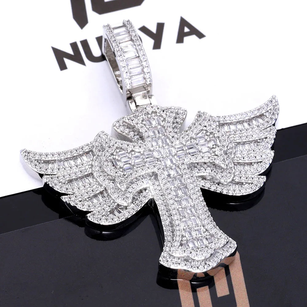 Cross Angel Wings Pendant Necklace Iced Out