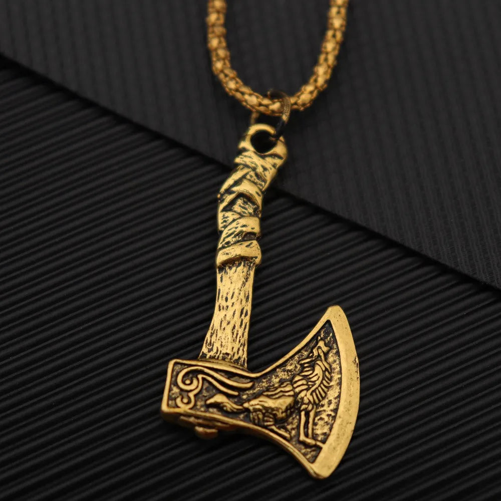 Fashion Wolf Totem Axe Necklace Wolf Head Amulet Pendant Hip Hop Punk Necklaces for Men Gothic Jewelry Party Personality Gift