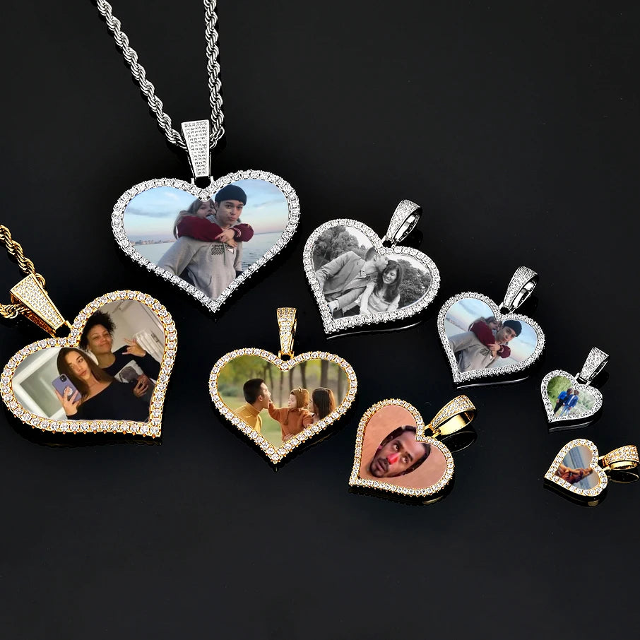 Iced Out Heart Photo Pendant Necklace
