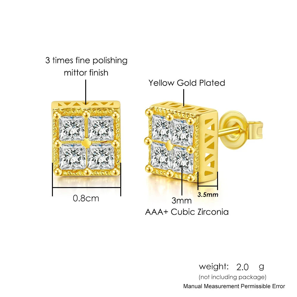 Iced Out Square Stud Earrings for Men — Gold-Tone Piercing Studs