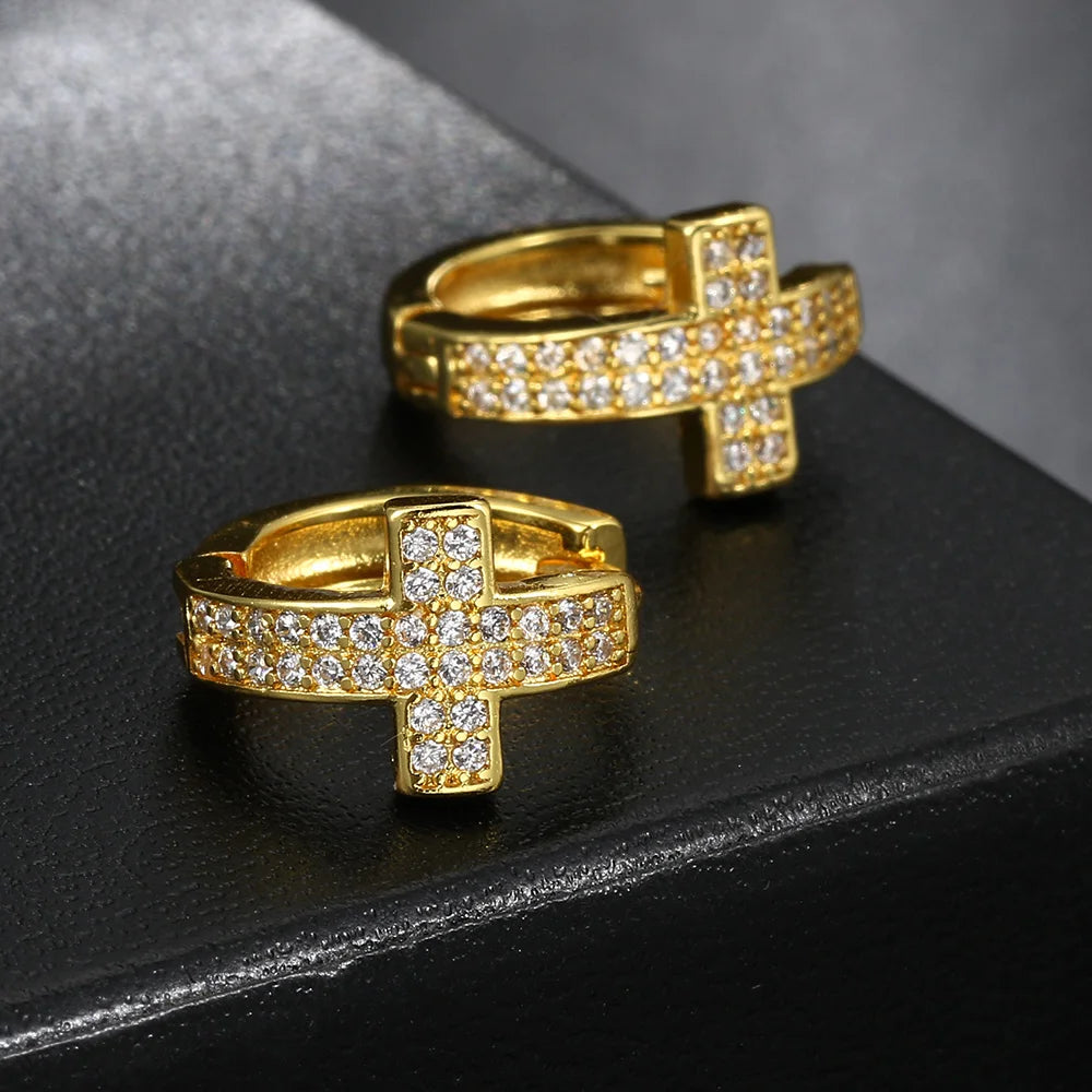Cross Iced Out Earrings Stainless Steel CZ