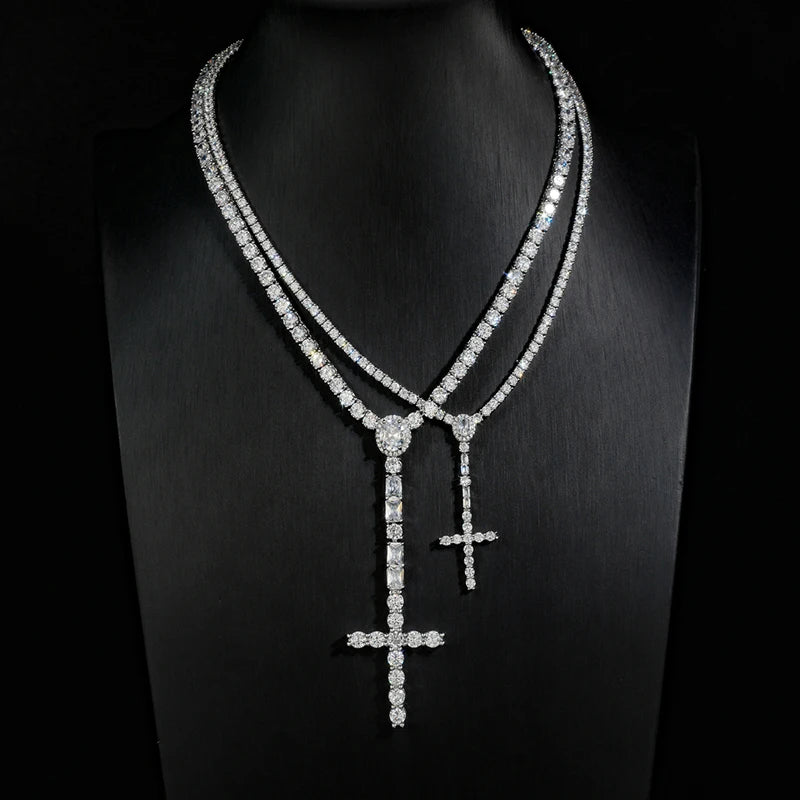 Iced Out Cross Pendant Tennis Chain Necklace — Copper Alloy