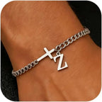 Men Cross Cuban Chain Bracelets for Men Initial A-Z Faith Cross Bracelets, Stainless Steel Initial Bracelet Religious