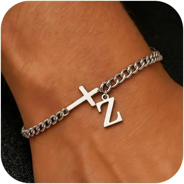 Men Cross Cuban Chain Bracelets for Men Initial A-Z Faith Cross Bracelets, Stainless Steel Initial Bracelet Religious