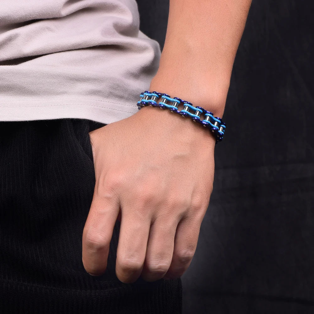10MM Wide Men's Motorcycle Chain Bracelet Blue Stainless Steel Bicycle Link Design Man Bracelets for Men HipHop