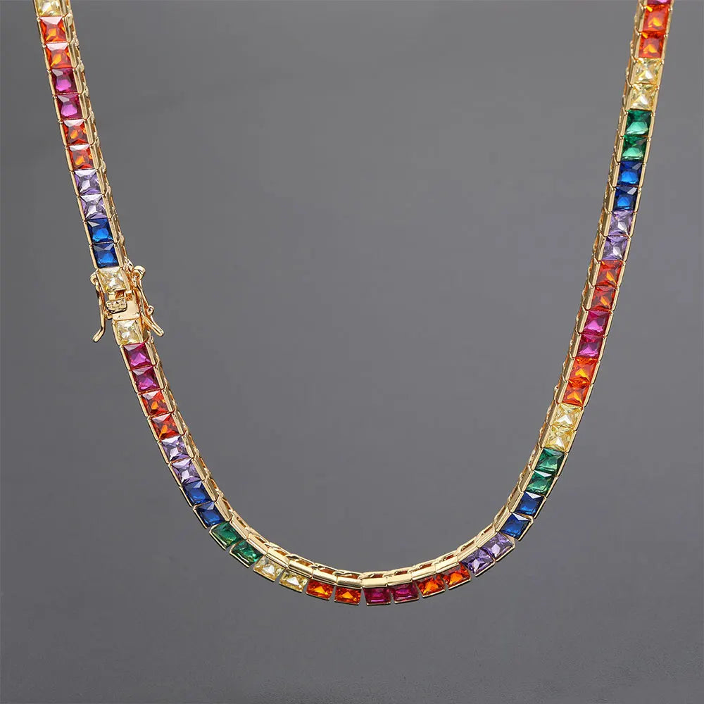 Gold Rainbow Tennis Necklace Iced Out 4MM 18K