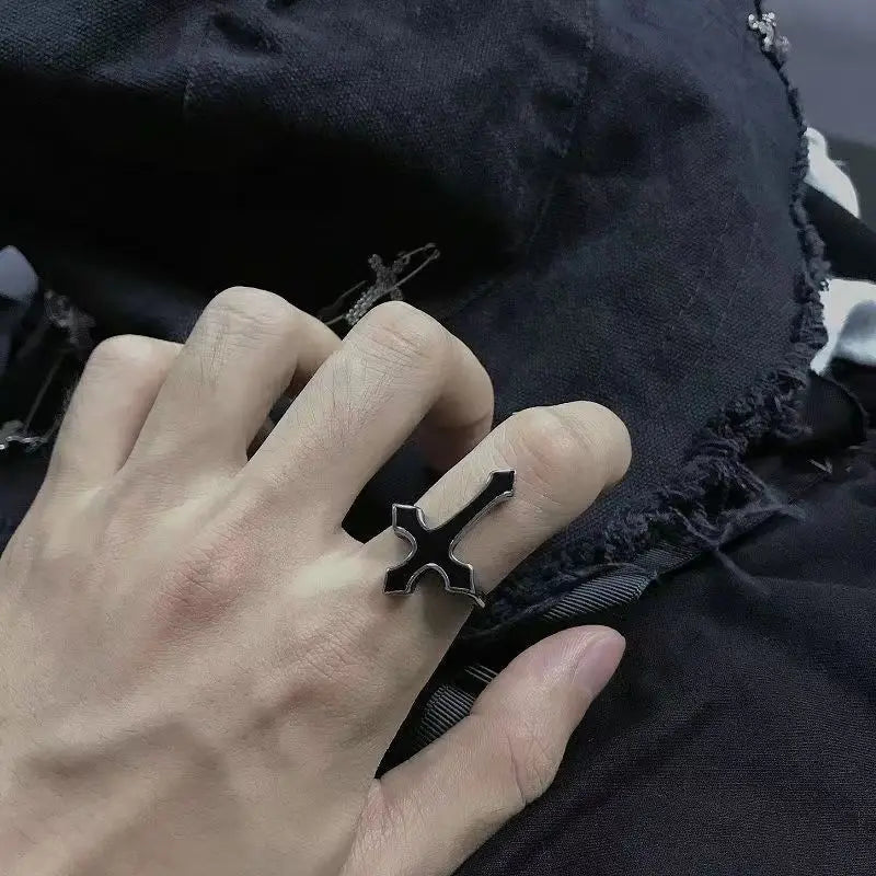 Gothic Vintage Big Cross Open Ring — Black-Tone