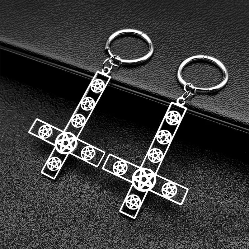 Cross Jesus Steel Earrings Inverted Occult Pentagram