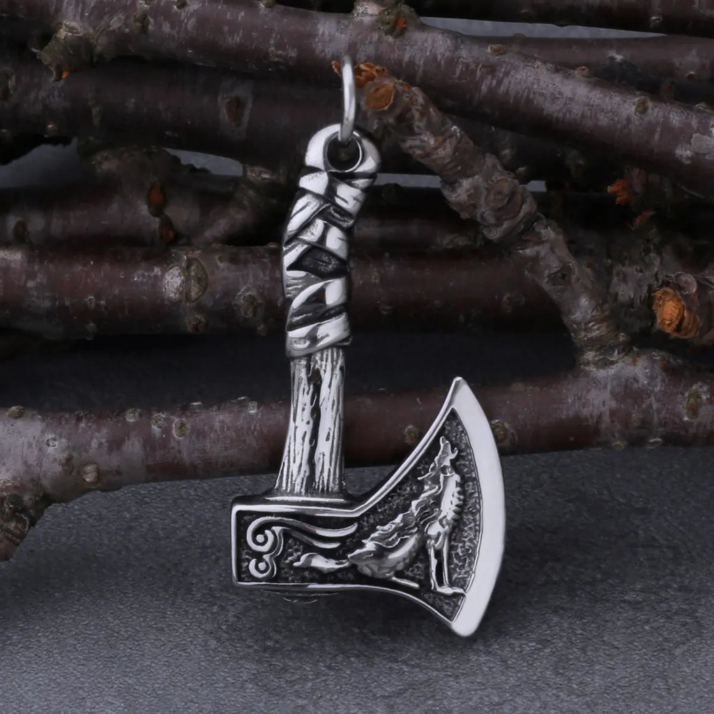 Viking Wolf and Crow Axe Pendant Retro Slavic Odin Amulet Men's Fashion Charm Stainless Steel Pendant Necklace Jewelry