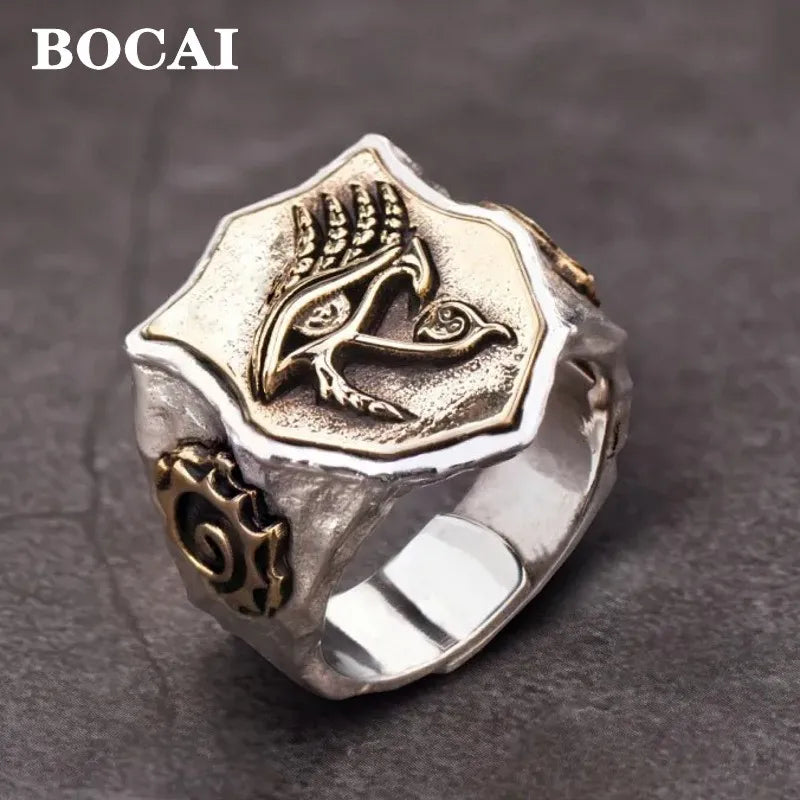 BOCAI New Eye of Horus 100% True S925 Silver Ring Vintage Original Index Finger Ring Adjustable Personality Fashion Jewelry