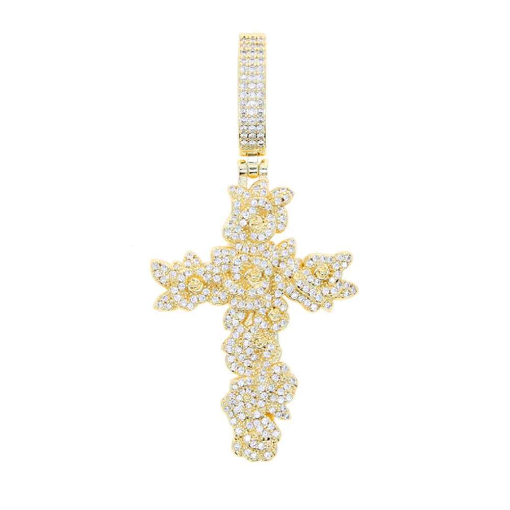 New Iced Out Bling CZ Letter Cross Pendant Necklace Various Design 5A Zircon Two Tone Color Badge Charm Men's Hip Hop