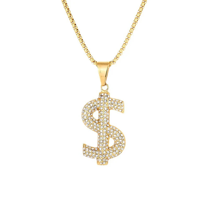 Hip Hop Bling Iced Out Stainless Steel Dollar Sign $ Pendants Necklace for Men Rapper Jewelry Gold Color