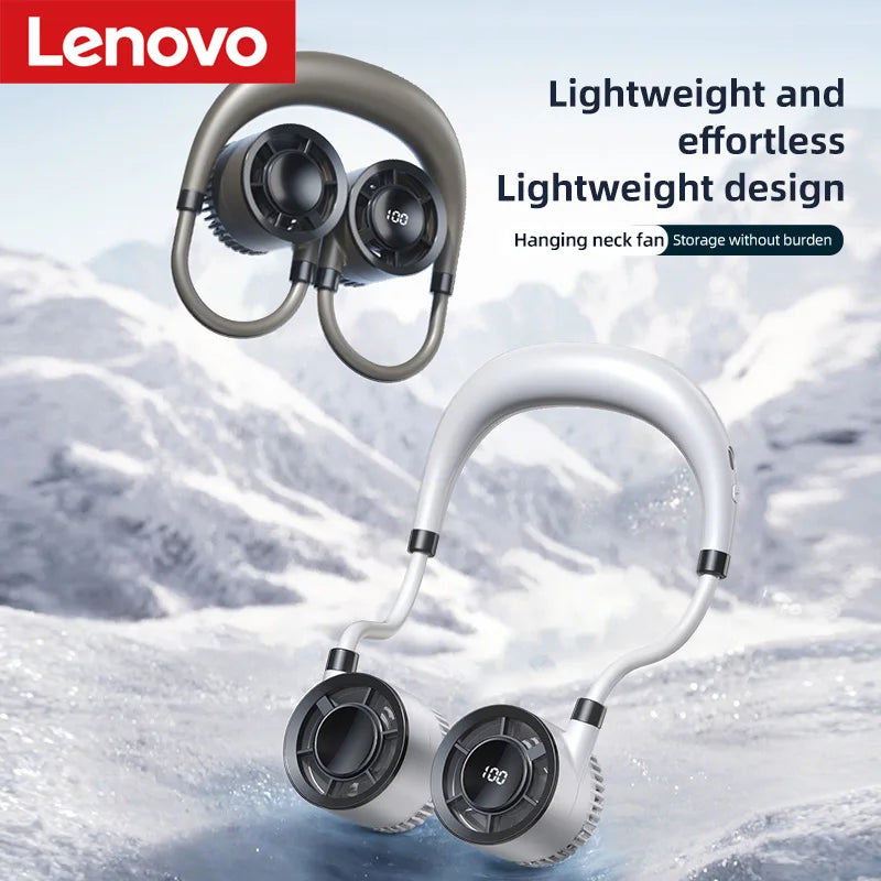 Lenovo Portable Neck Fan 100 Speeds Bladeless Hanging Neck Fan with LED Display USB Rechargeable Fan for Outdoor Sports
