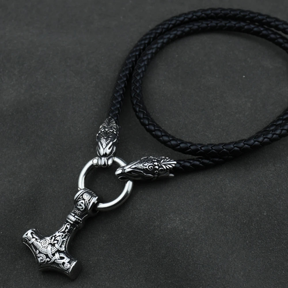 Men stainless steel Wolf head norse viking amulet thor hammer pendant necklace leather chain