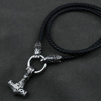 Men stainless steel Wolf head norse viking amulet thor hammer pendant necklace leather chain