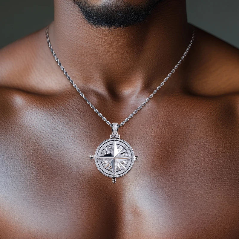 Iced Out Compass Pendant — 14K Gold