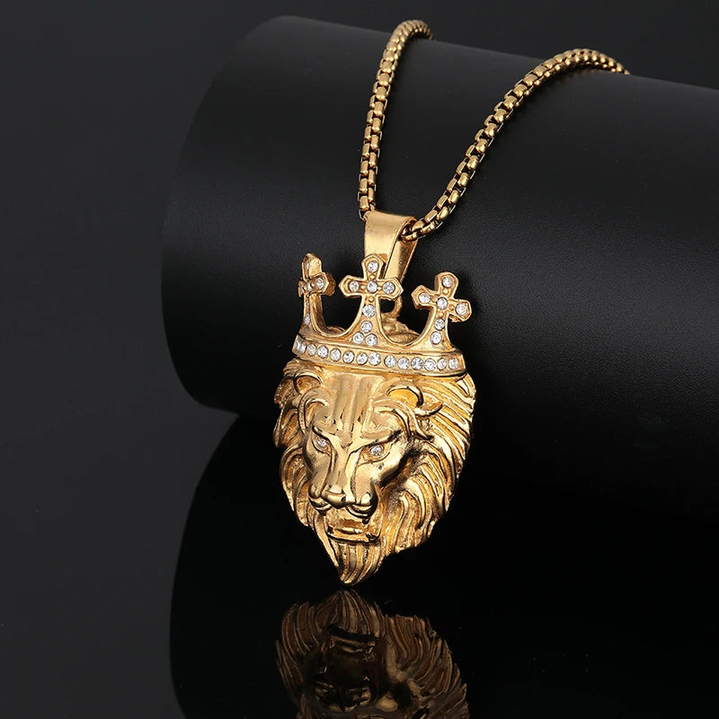 Iced Out Cross Crown Lion Necklace — Stainless Steel