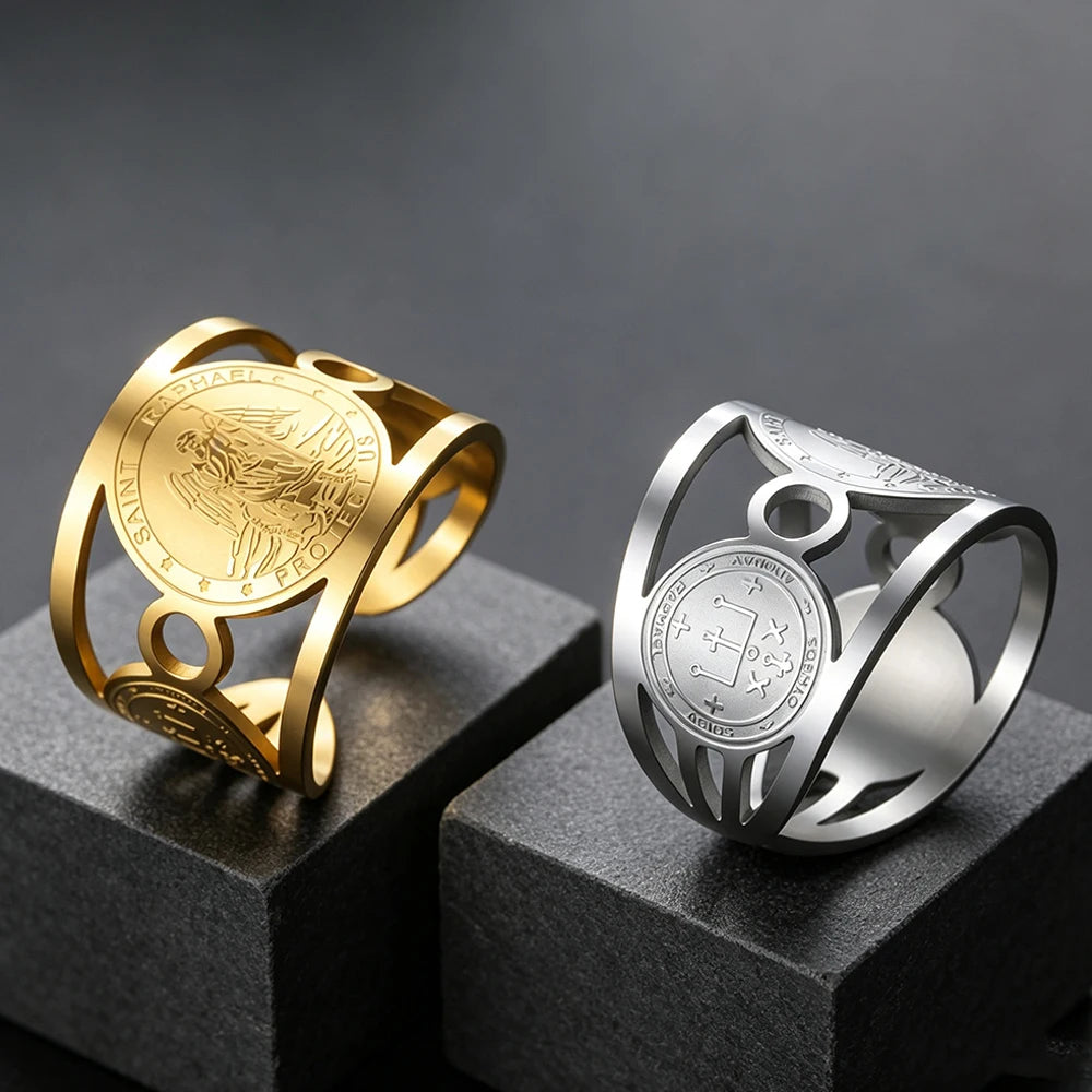 Archangel Saint Michael Gabriel Raphael Ring Adjustable Open Stainless Steel Protection Amulet Finger Rings Blessing