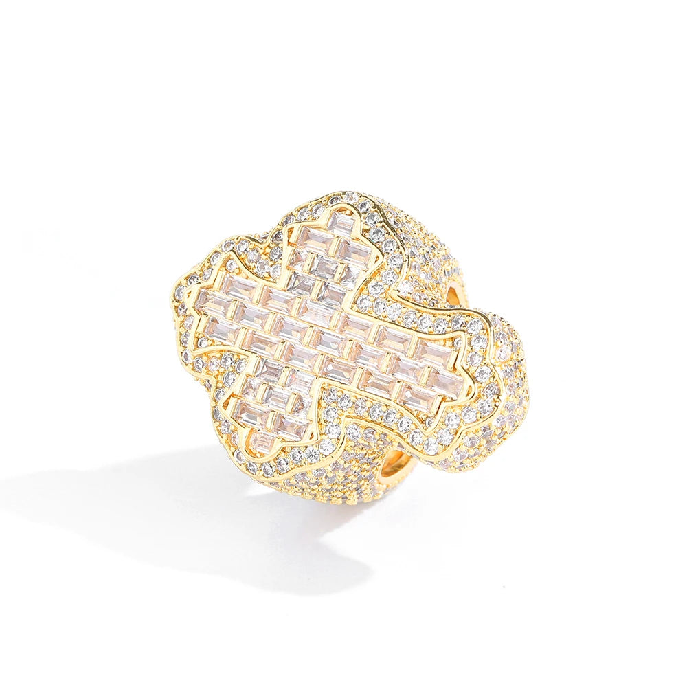 Cross Ring Iced Out Stainless Steel Statement