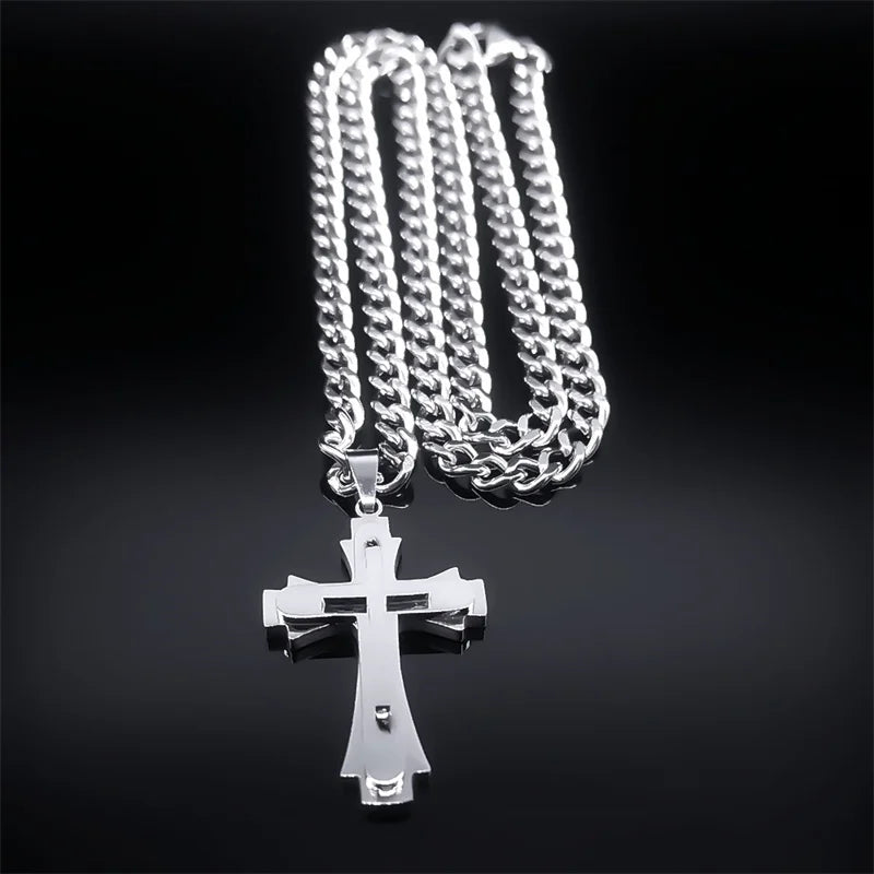 Cross Layered Pendant Necklace — Stainless Steel