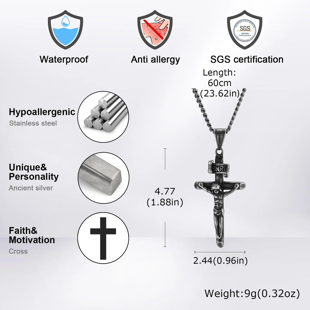 Waterproof Catholic Cross Necklace for Men,Stainless Steel Crucifix Pendant with 60cm Cuban Chain,Religious Jewelry Gift