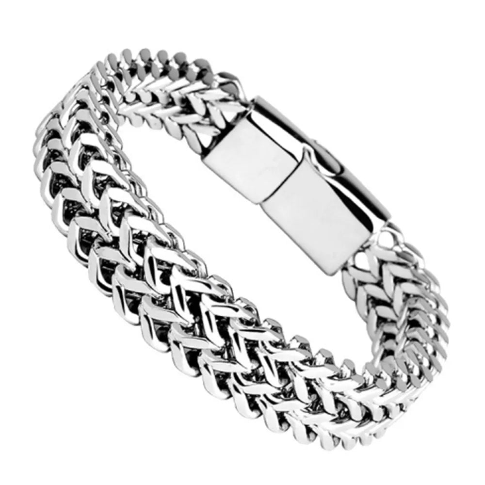 Hip Hop Stainless Steel Braided Double Row Front and Back Fish Scale Magnetic Buckle Bracelet with Keel Jewelry