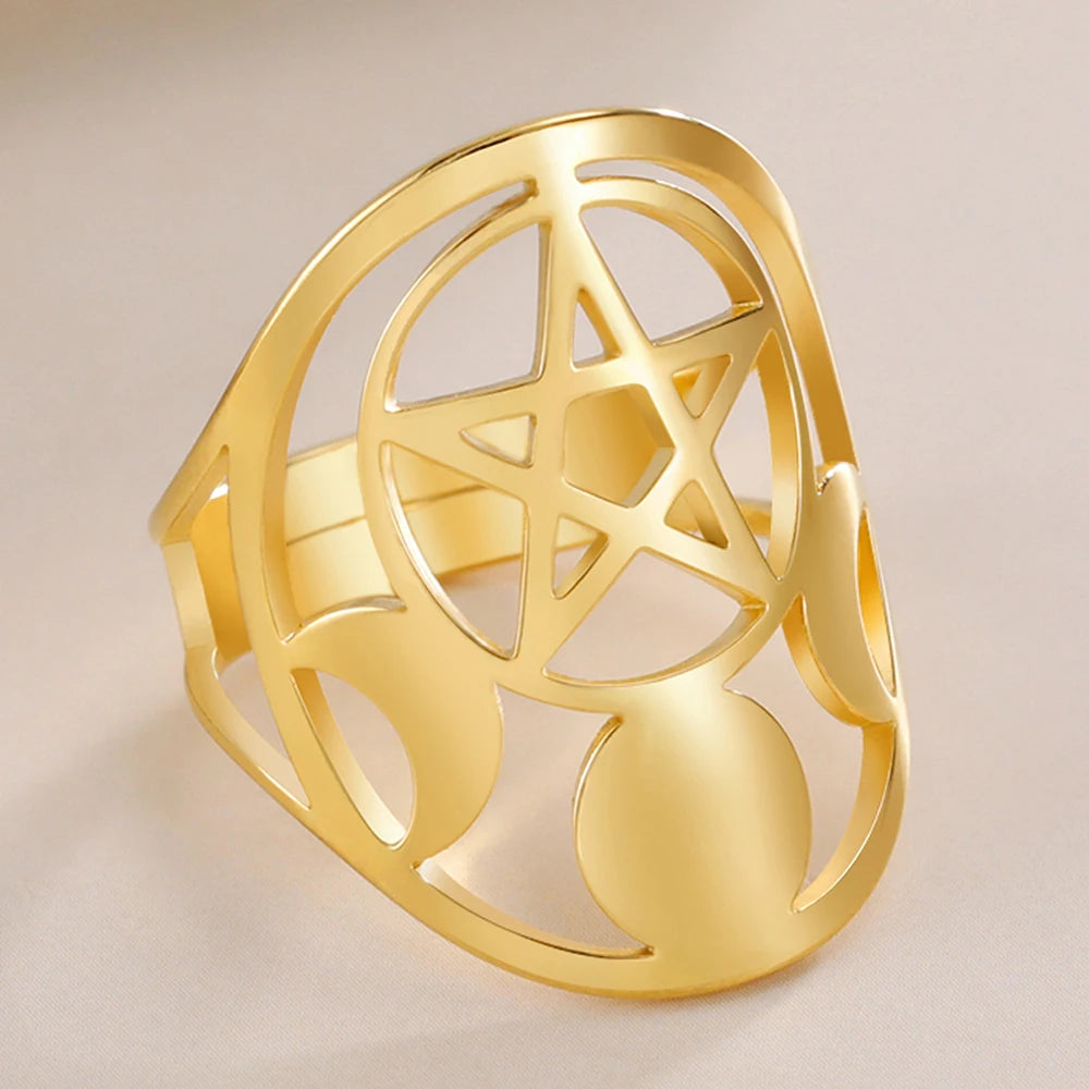 Dawapara Pentagram Adjustable Ring for Men Women Triquetra Cross Star OM Symbol Religious Gift Stainless Steel Jewelry