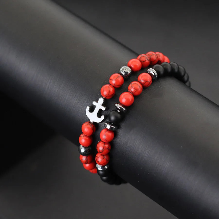 Cool 2Pcs/Set Anchor Stone Bracelet Man Howlite Obsidian Tiger Eyes Grade A Beaded Strand Braslet Fashion Boyfriend
