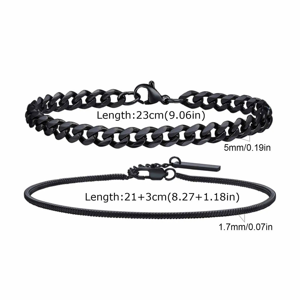 Vnox 2pcs/Set Cuban Figaro Rope Snake Chain Bracelet Set for Men Boys, Gold Black Silver Color Stainless Steel Wristband Jewelry