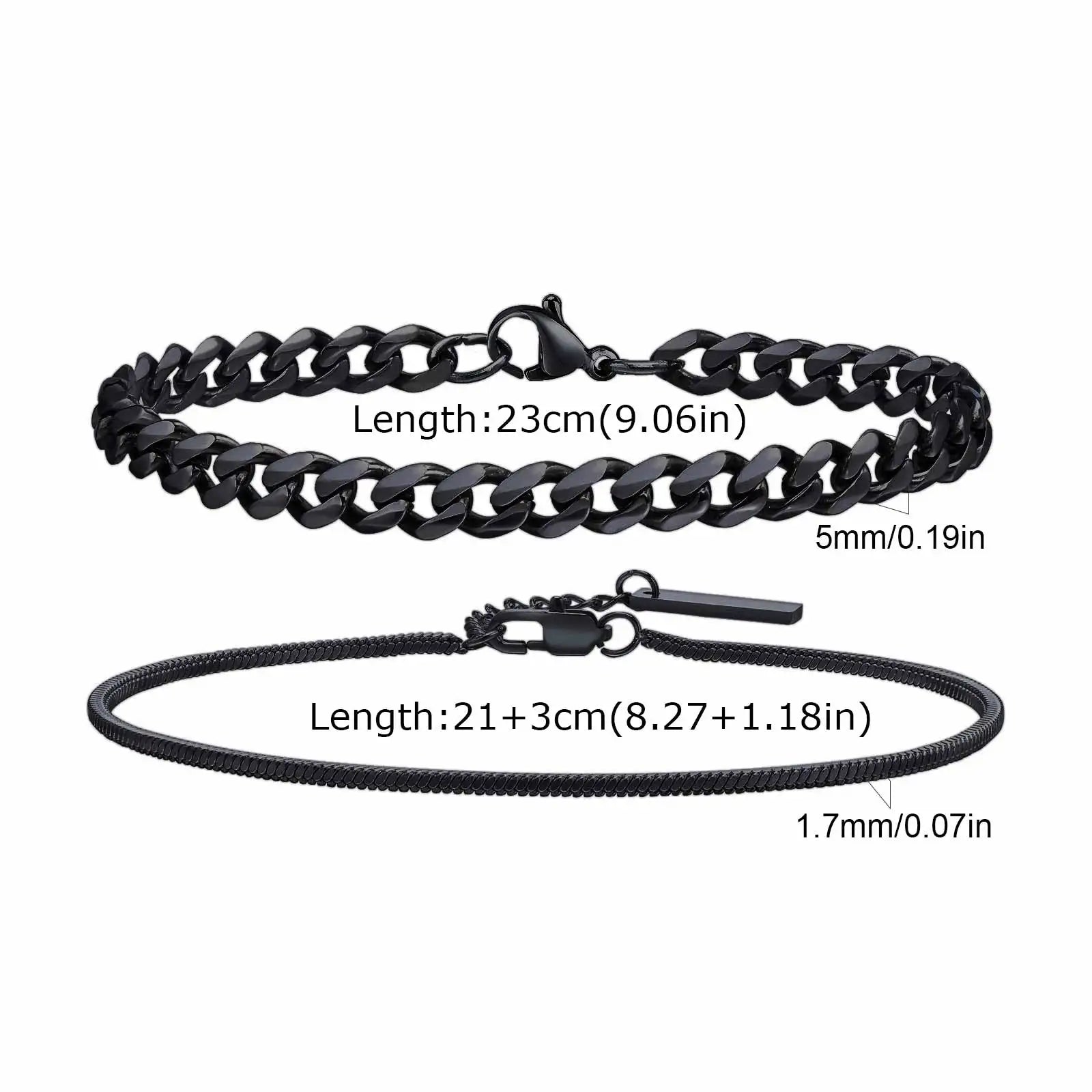 Vnox 2pcs/Set Cuban Figaro Rope Snake Chain Bracelet Set for Men Boys, Gold Black Silver Color Stainless Steel Wristband Jewelry
