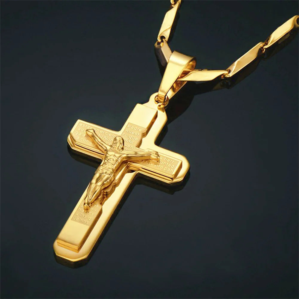 Religious Bible Jesus Cross Pendant Male Gold Color Stainless Steel Chain Crucifix Necklace For Men Christian Jewelry