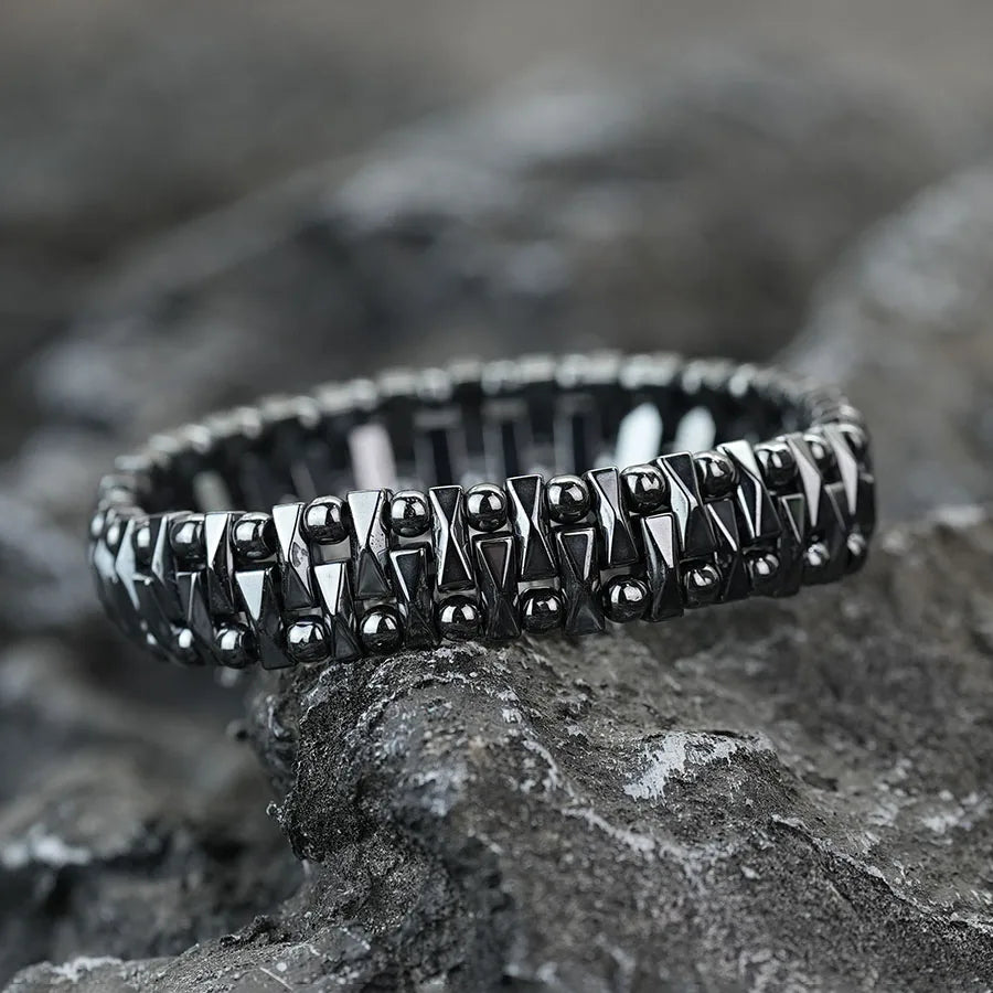 Geometric Hematite Bracelet for Men Biker Jewelry Grey Metal Energy Stone Therapy Punk Style Bangle for Him