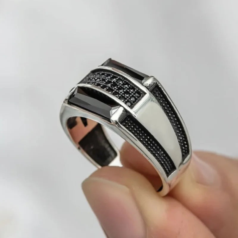 Retro Punk Statement Ring for Men — Silver-Tone, Black