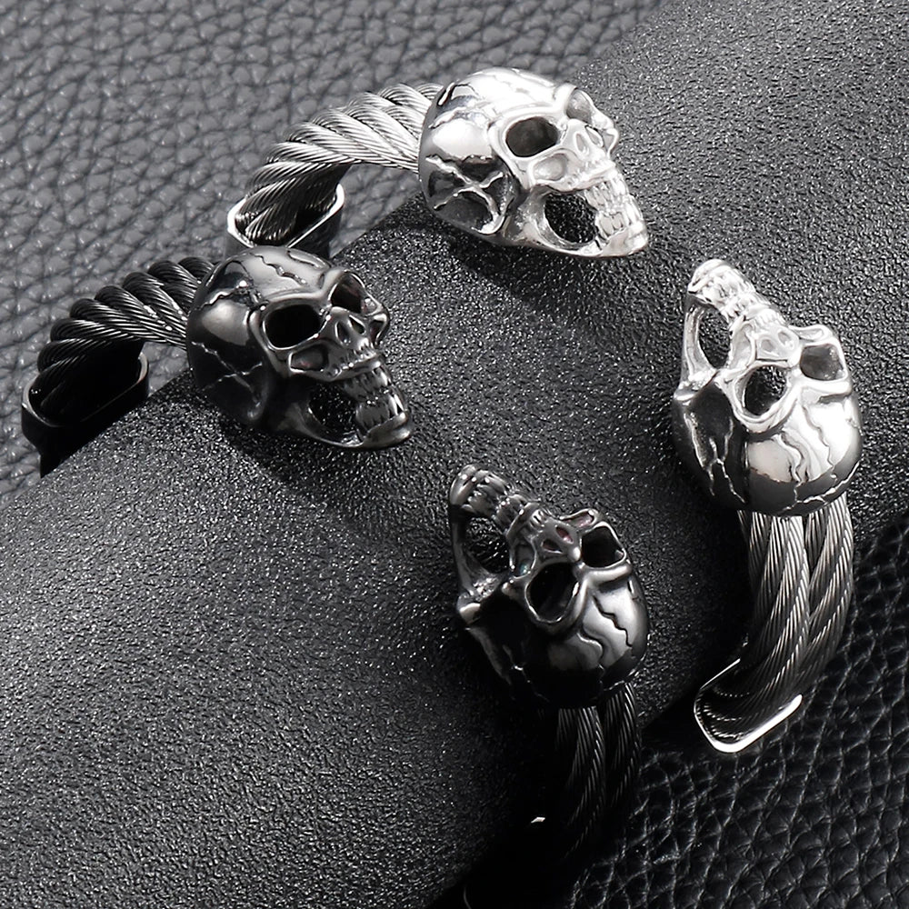 Biker Men's Skull Wristband Heavy 316L Stainless Steel Punk Bracelet Open Bangle Double Gothic Skeleton Head for Rock